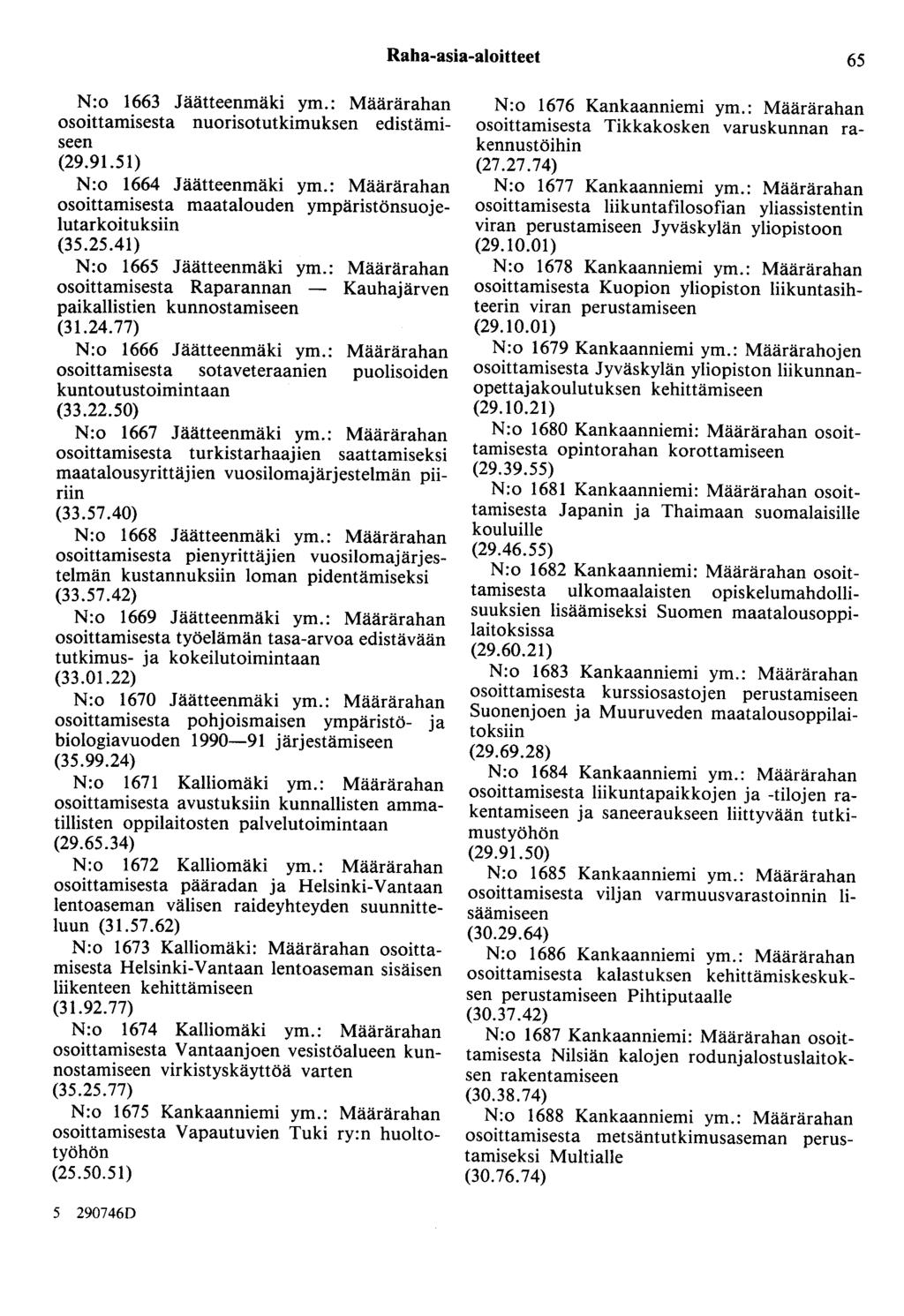 Raha-asia-aloitteet 65 N:o 1663 Jäätteenmäki ym.: Määrärahan osoittamisesta nuorisotutkimuksen edistämiseen (29.91.51) N:o 1664 Jäätteenmäki ym.