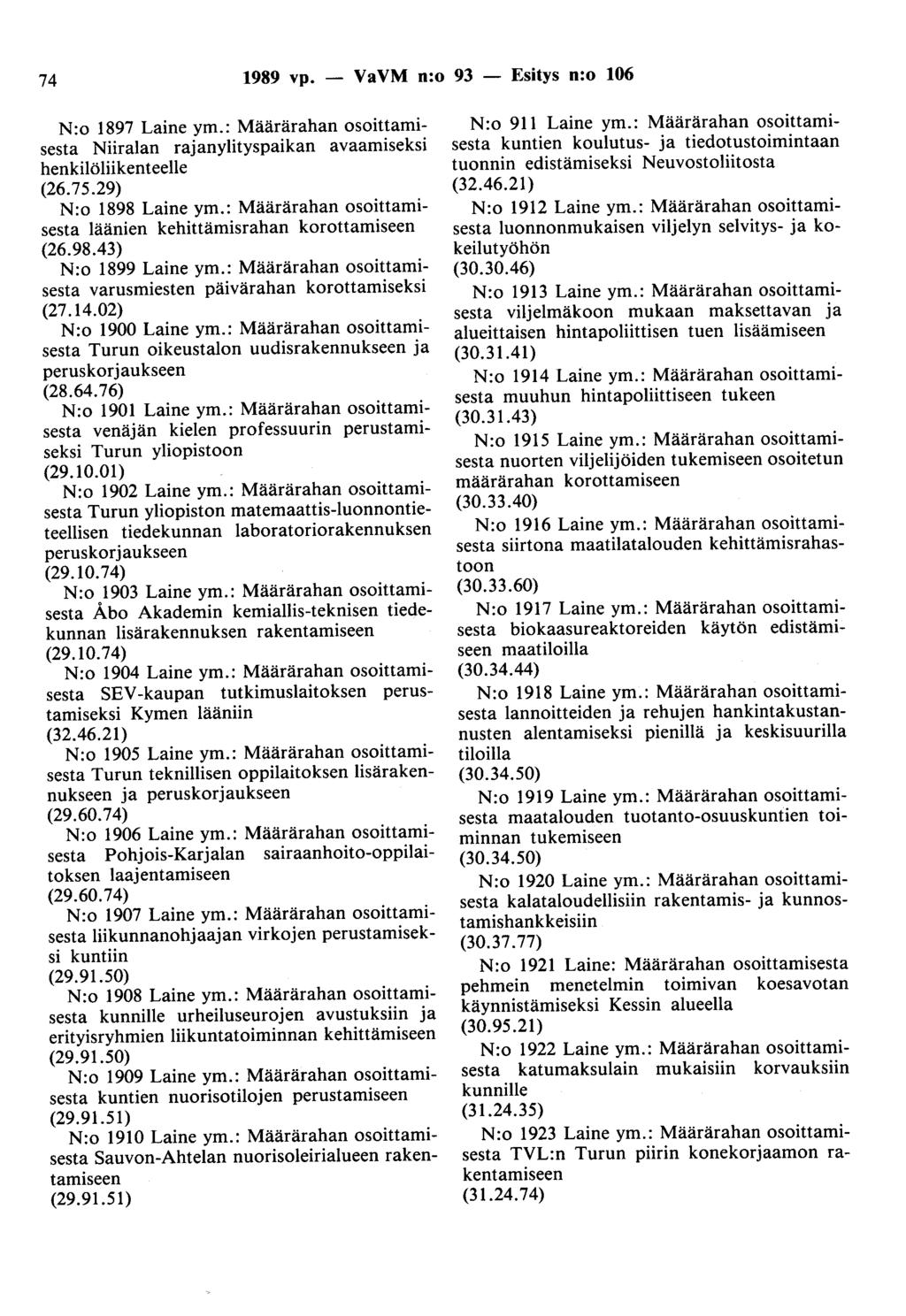 74 1989 vp. - VaVM n:o 93 - Esitys n:o 106 N:o 1897 Laine ym.: Määrärahan osoittamisesta Niiralan rajanylityspaikan avaamiseksi henkilöliikenteelle (26.75.29) N:o 1898 Laine ym.