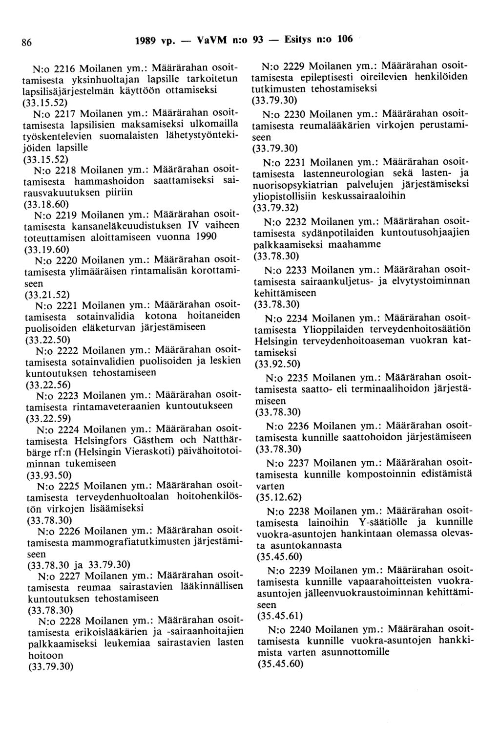 86 1989 vp. - VaVM n:o 93 - Esitys n:o 106 N:o 2216 Moilanen ym.: Määrärahan osoittamisesta yksinhuoltajan lapsille tarkoitetun lapsilisäjärjestelmän käyttöön ottamiseksi (33.15.