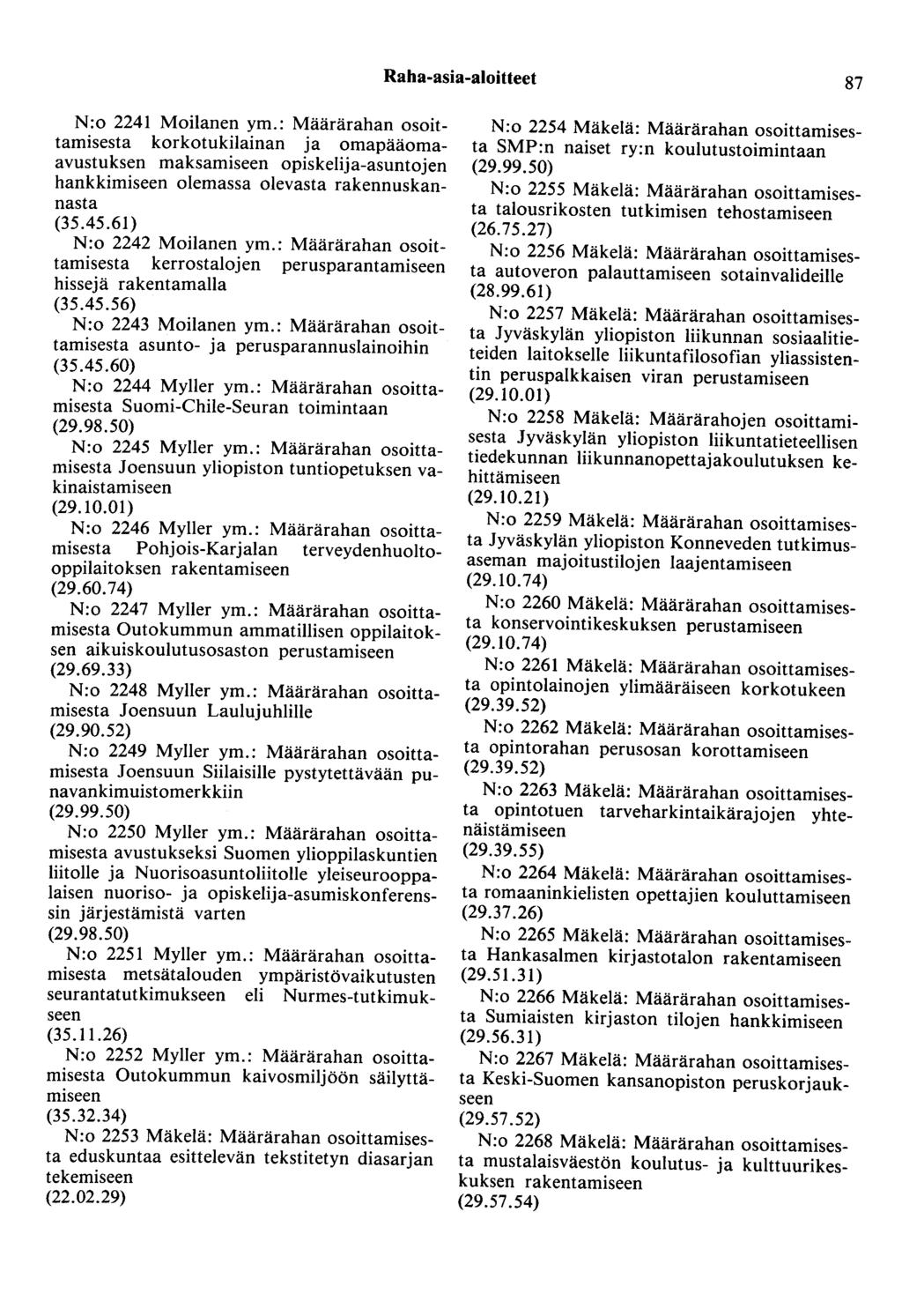 Raha-asia-aloitteet 87 N:o 2241 Moilanen ym.: Määrärahan osoittamisesta korkotukilainan ja omapääomaavustuksen maksamiseen opiskelija-asuntojen hankkimiseen olemassa olevasta rakennuskannasta (35.45.