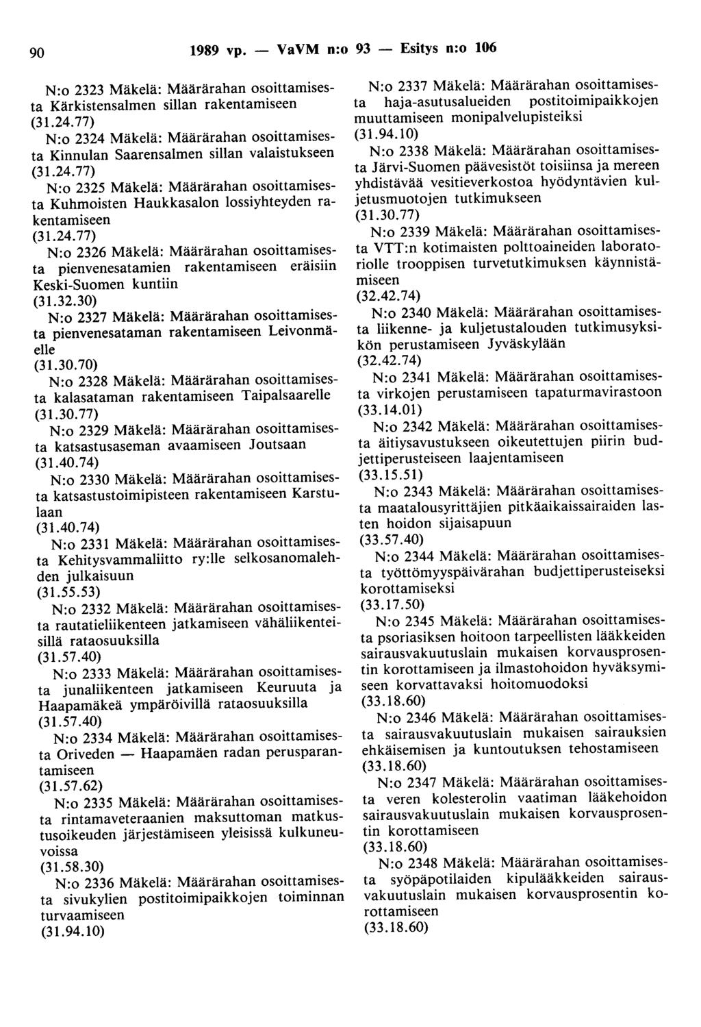 90 1989 vp. - VaVM n:o 93 - Esitys n:o 106 N :o 2323 Mäkelä: Määrärahan osoittamisesta Kärkistensalmen sillan rakentamiseen (31.24.