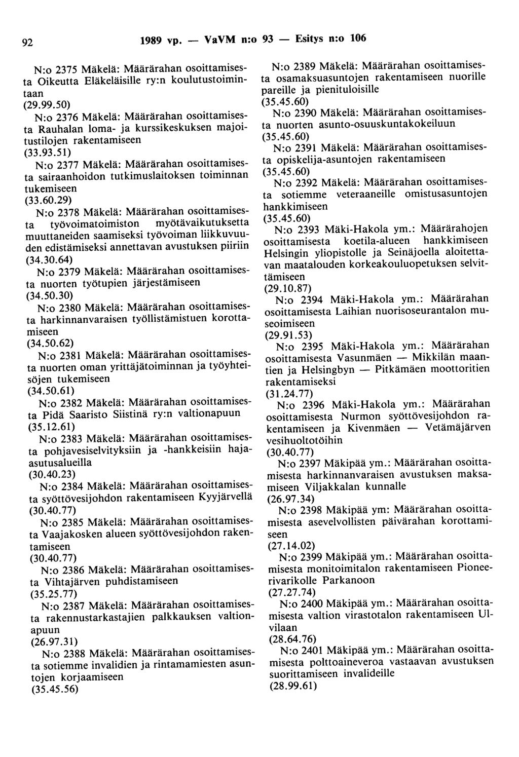 92 1989 vp. - VaVM n:o 93 - Esitys n:o 106 N:o 2375 Mäkelä: Määrärahan osoittamisesta Oikeutta Eläkeläisille ry:n koulutustoimintaan (29.99.