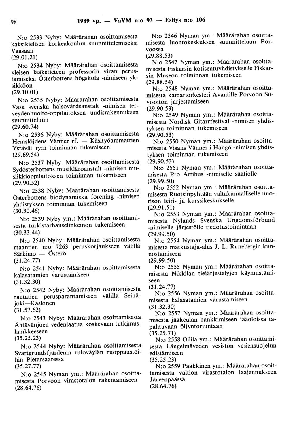 98 1989 vp. - VaVM n:o 93 - Esitys n:o 106 N:o 2533 Nyby: Määrärahan osoittamisesta kaksikielisen korkeakoulun suunnittelemiseksi Vaasaan (29.01.