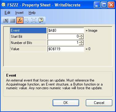 139 Kuva 119. WriteDiscrete työkalun parametrit. Aikaisemmin esitetyssä merkkijonon hallinta osiossa kerrottiin miten haluttu merkkijono saatiin muodostettua soluun B222.