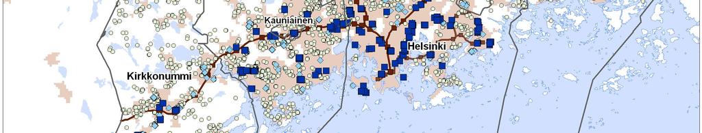 Kerava 16,9 30,6 55,1 % Kirkkonummi 28,6 366,1 7,8 % Mäntsälä 12,6 580,9 2,2 % Nurmijärvi 1 37,6