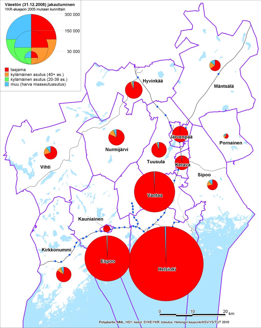 SEHA TR7 97 (226) Kartta 3.4 Väestön jakautuminen kunnittain asutusalueisiin SYKEn luokituksen mukaan Kerrostalovaltaiset alueet painottuvat ratojen varsien ja pääkaupunkiseudun kuntiin.