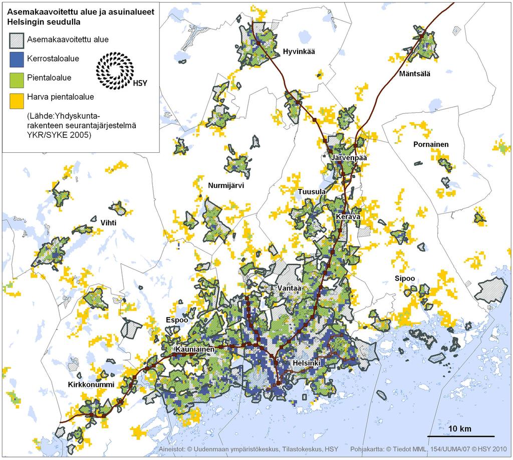 SEHA TR7 98 (226) Kartta 3.5 Asemakaavoitettu alue ja asuinalueet Helsingin seudulla Lähde: HSY Pääkaupunkiseudun sekä Järvenpään ja Keravan kaupunkien alueet ovat suurelta osin asemakaavoitettuja.