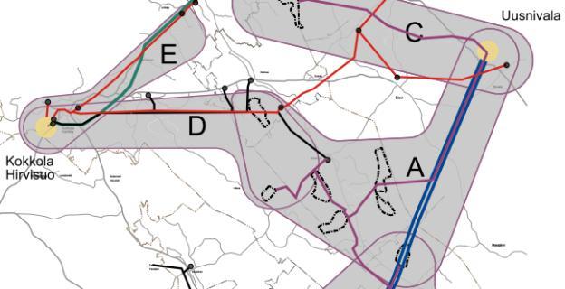 Hirvisuolle liityttäessä on mahdollista hyödyntää linjan yhteydessä olevia 20/110 kv:n sähköasemia pienempien tehojen osalta mahdollisuuksien mukaan.