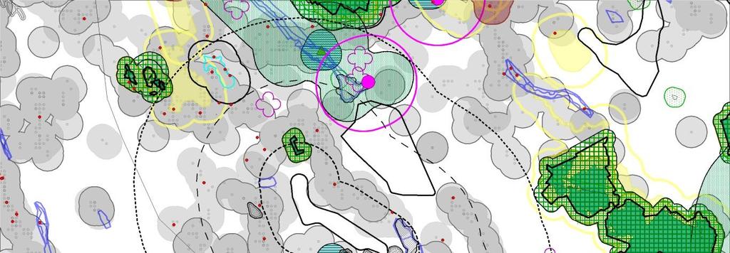 LIITE 1 43 Kartta 2. Vaikutuskohteita. Lisäksi alueen ympärille on piirretty 2, 6 ja 10 km vyöhykkeet. Maakuntahallituksen rajaus (25.8.2014) yhtenäisellä viivalla ja aiempi rajaus katkoviivalla.