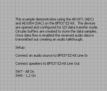 24 (59) Kuvio 7: Analog Devicen äänisovelluksen etupaneeli (ADSP-BF537 EZ-KIT LITE LabVIEW 2009 Embedded Module for ADI Blackfin Processors DVD) Vasemmalla reunalla oleva vakio määrittää näytteiden