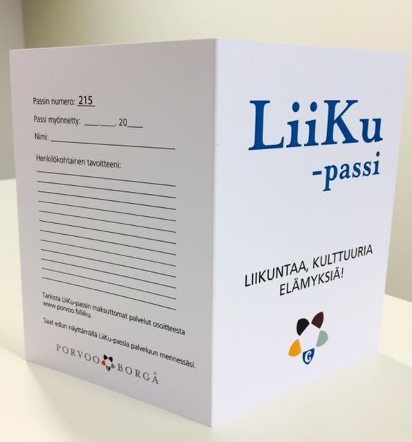 LIIKU-PASSI Haltija pääsee ilmaiseksi maksullisiin liikunta- ja kulttuuripalveluihin Mahdollisuus kirjata liikunta- ja kulttuurikäyntejä, 20 merkinnästä voi lunastaa kaksi elokuvalippua palkinnoksi.