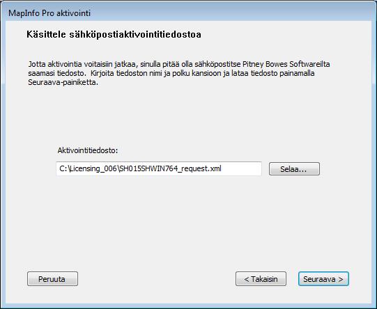 Varoitus: Älä muokkaa aktivointipyyntötiedostoa millään tavalla. Muussa tapauksessa Pitney Bowes Inc. ei voi käsitellä sitä ja aktivointi viivästyy. 4. Napsauta OK.