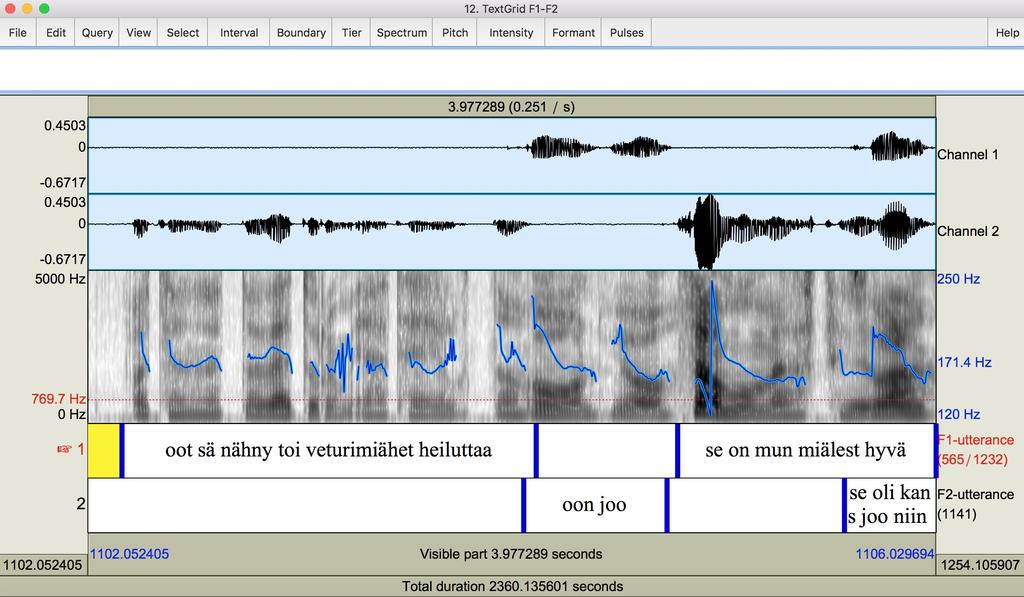 Keskustelunäyte Praat-ohjelmassa Multiple annotation