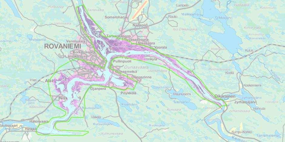 39 Kuvio 8. Rovaniemen tulvakartoitettu alue vihreän viivan sisällä (Ympäristöhallinto 2015c.