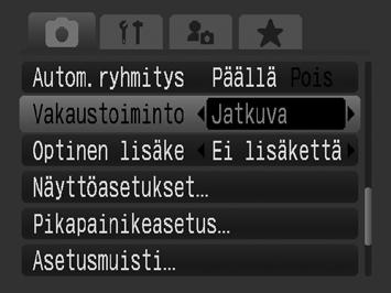 86 2 Määritä haluamasi asetukset. 1. Valitse kuvanvakautustoiminnon asetukset - tai -painikkeella. 2. Paina MENU-painiketta.