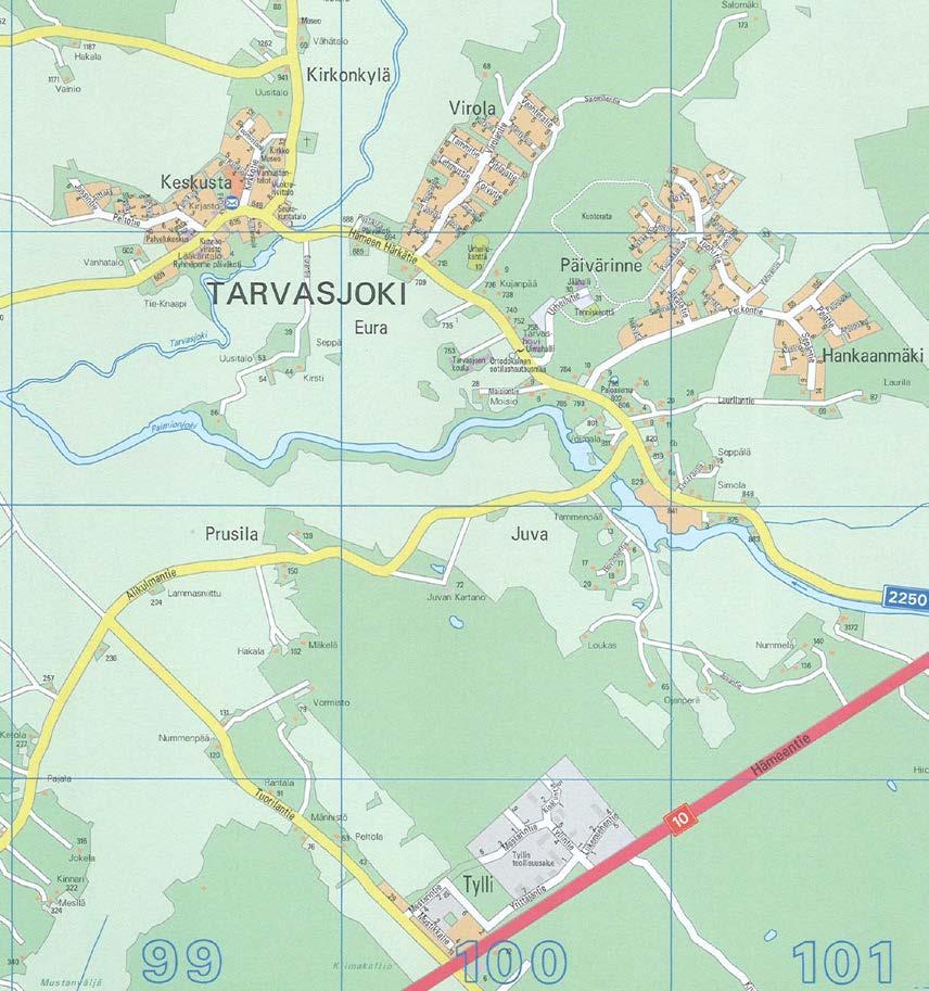 1.2 KAAVA-ALUEEN SIJAINTI Alue sijaitsee Tarvasjoen kunnan keskustaajaman itäosassa, Hämeen Härkätien molemmin puolin Virolan asuntoalueen, Päivärinteen asuntoalueen ja Paimionjoen välisellä alueella.