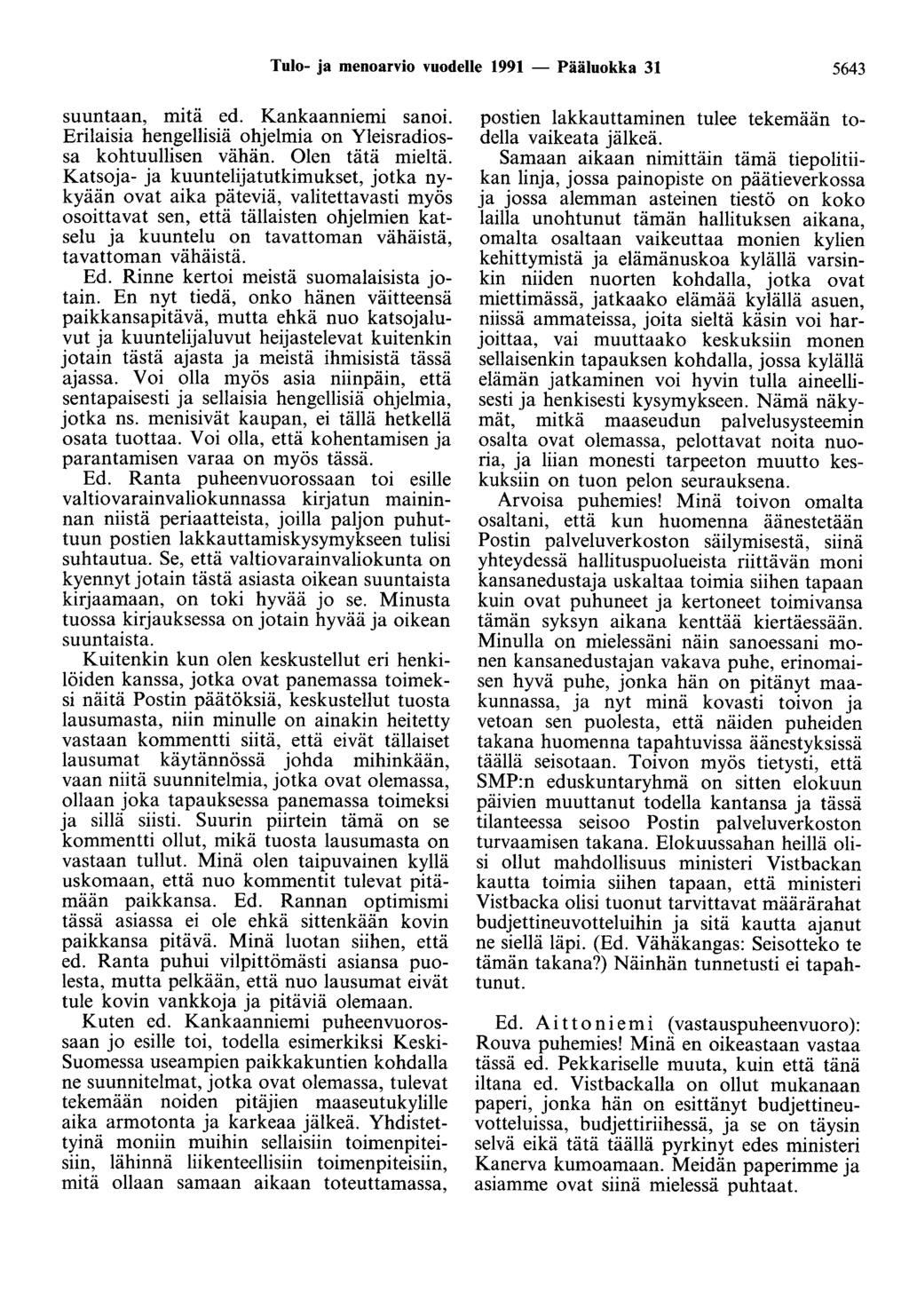 Tulo- ja menoarvio vuodelle 1991 - Pääluokka 31 5643 suuntaan, mitä ed. Kankaanniemi sanoi. Erilaisia hengellisiä ohjelmia on Yleisradiossa kohtuullisen vähän. Olen tätä mieltä.