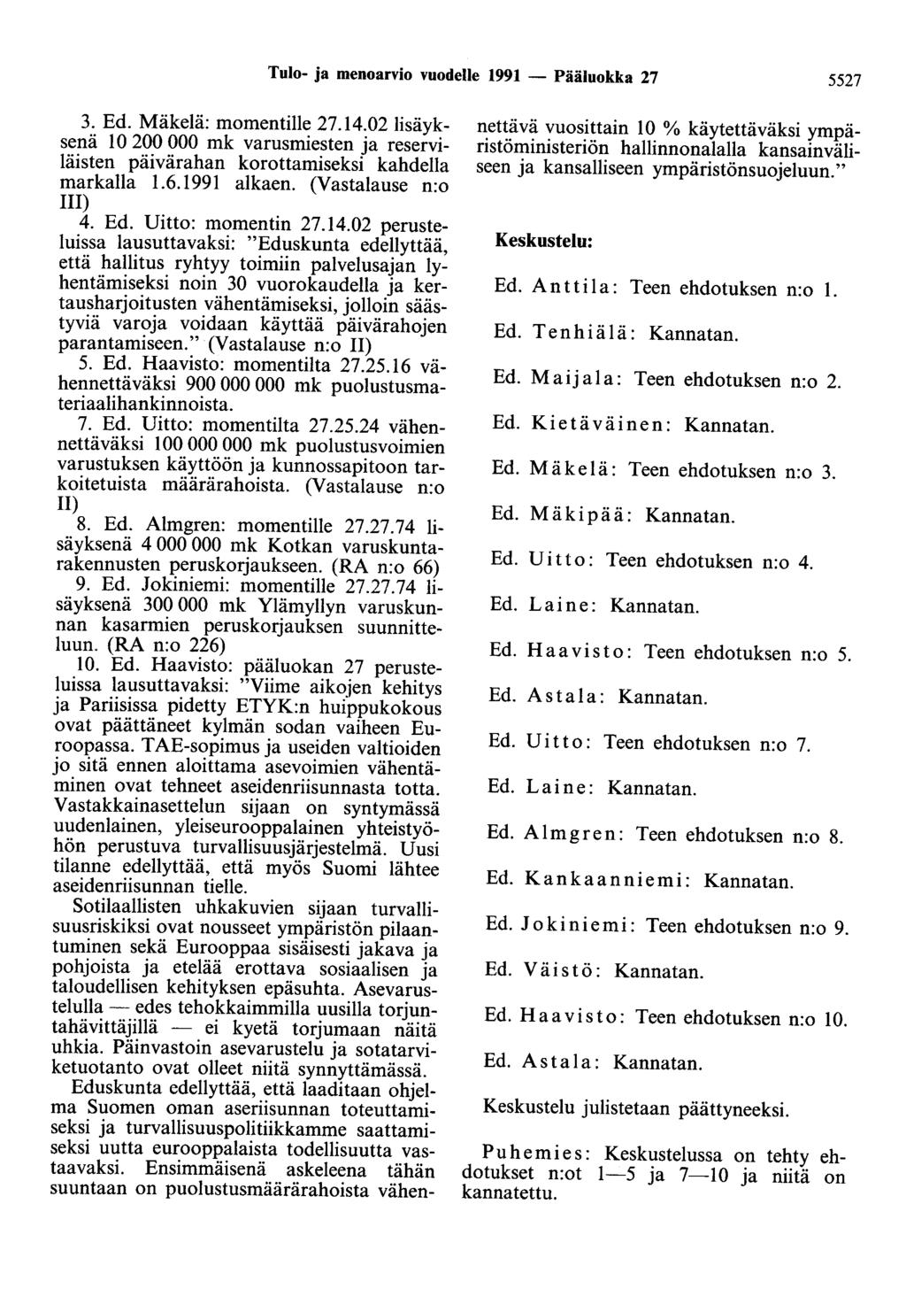 Tulo- ja menoarvio vuodelle 1991 - Pääluokka 27 5527 3. Ed. Mäkelä: momentille 27.14.02lisäyksenä 10 200 000 mk varusmiesten ja reserviläisten päivärahan korottamiseksi kahdella markalla 1.6.