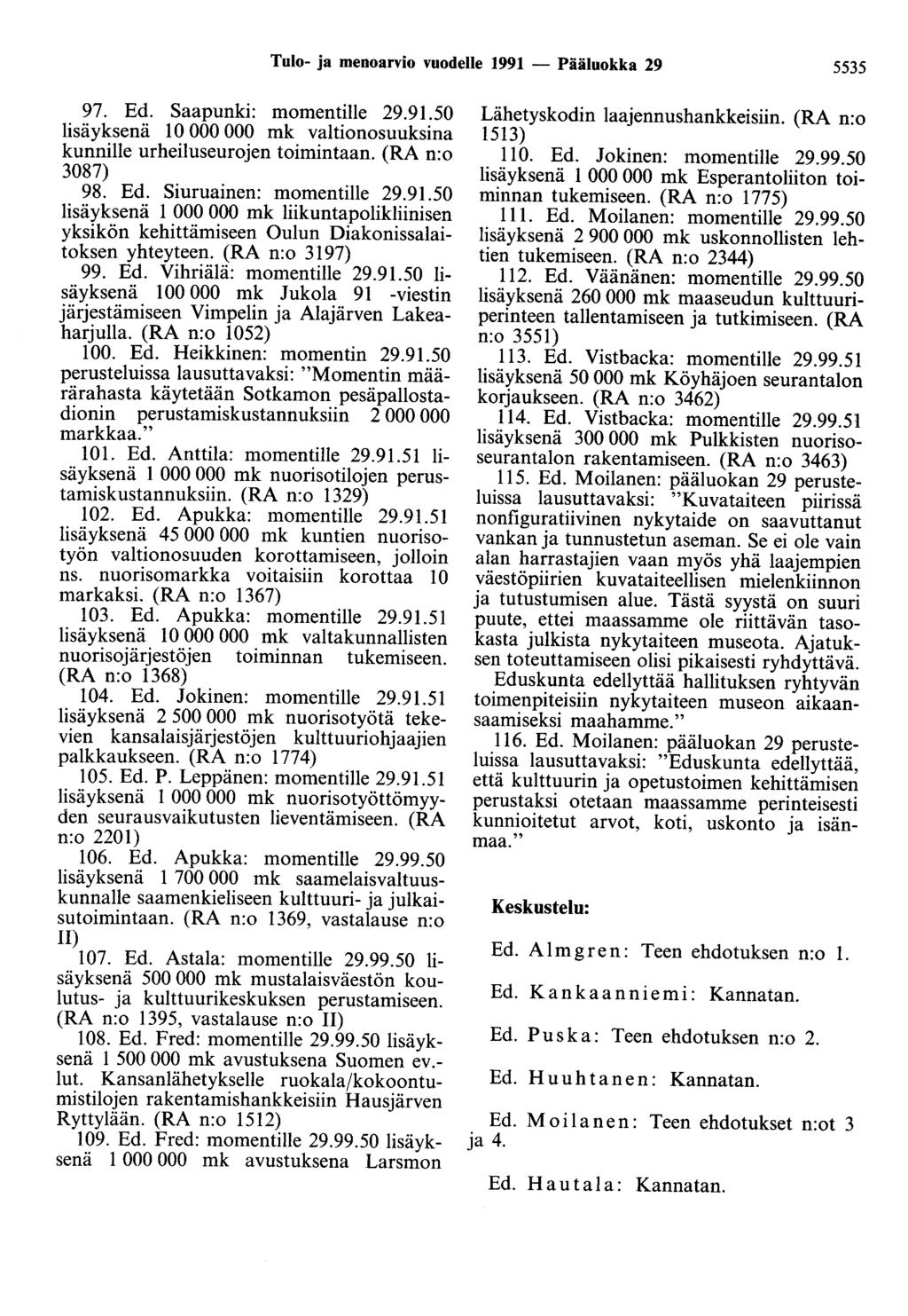 Tulo- ja menoarvio vuodelle 1991 - Pääluokka 29 5535 97. Ed. Saapunki: momentille 29.91.50 lisäyksenä 10 000 000 mk valtionosuuksina kunnille urheiluseurojen toimintaan. (RA n:o 3087) 98. Ed. Siuruainen: momentille 29.