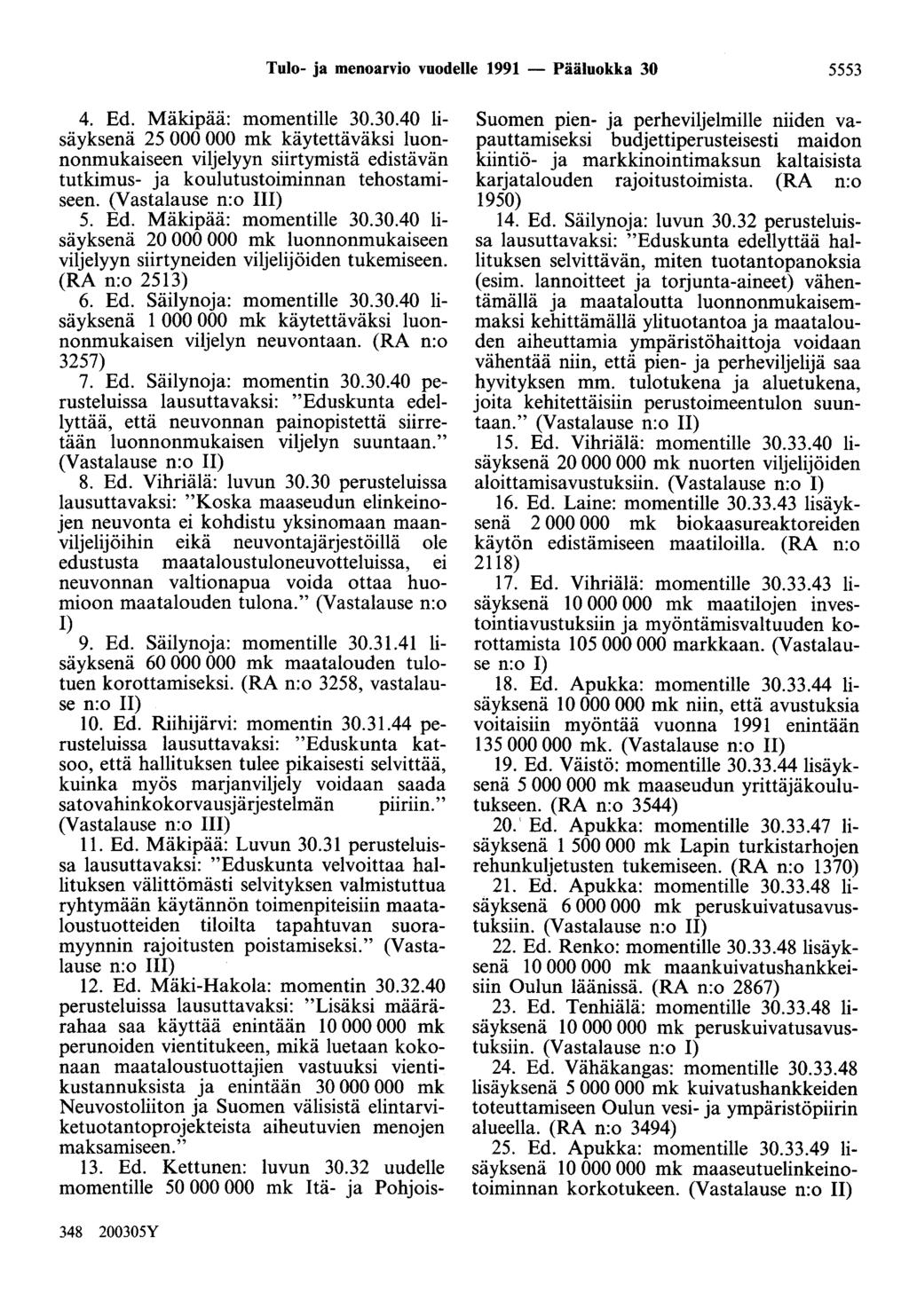 Tulo- ja menoarvio vuodelle 1991 - Pääluokka 30 5553 4. Ed. Mäkipää: momentille 30.30.40 lisäyksenä 25 000 000 mk käytettäväksi luonnonmukaiseen viljelyyn siirtymistä edistävän tutkimus- ja koulutustoiminnan tehostamiseen.