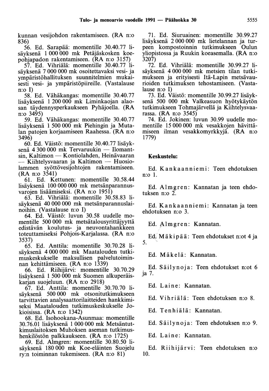 Tulo- ja menoarvio vuodelle 1991 - Pääluokka 30 5555 kunnan vesijohdon rakentamiseen. (RA n:o 836) 56. Ed. Sarapää: momentille 30.40.