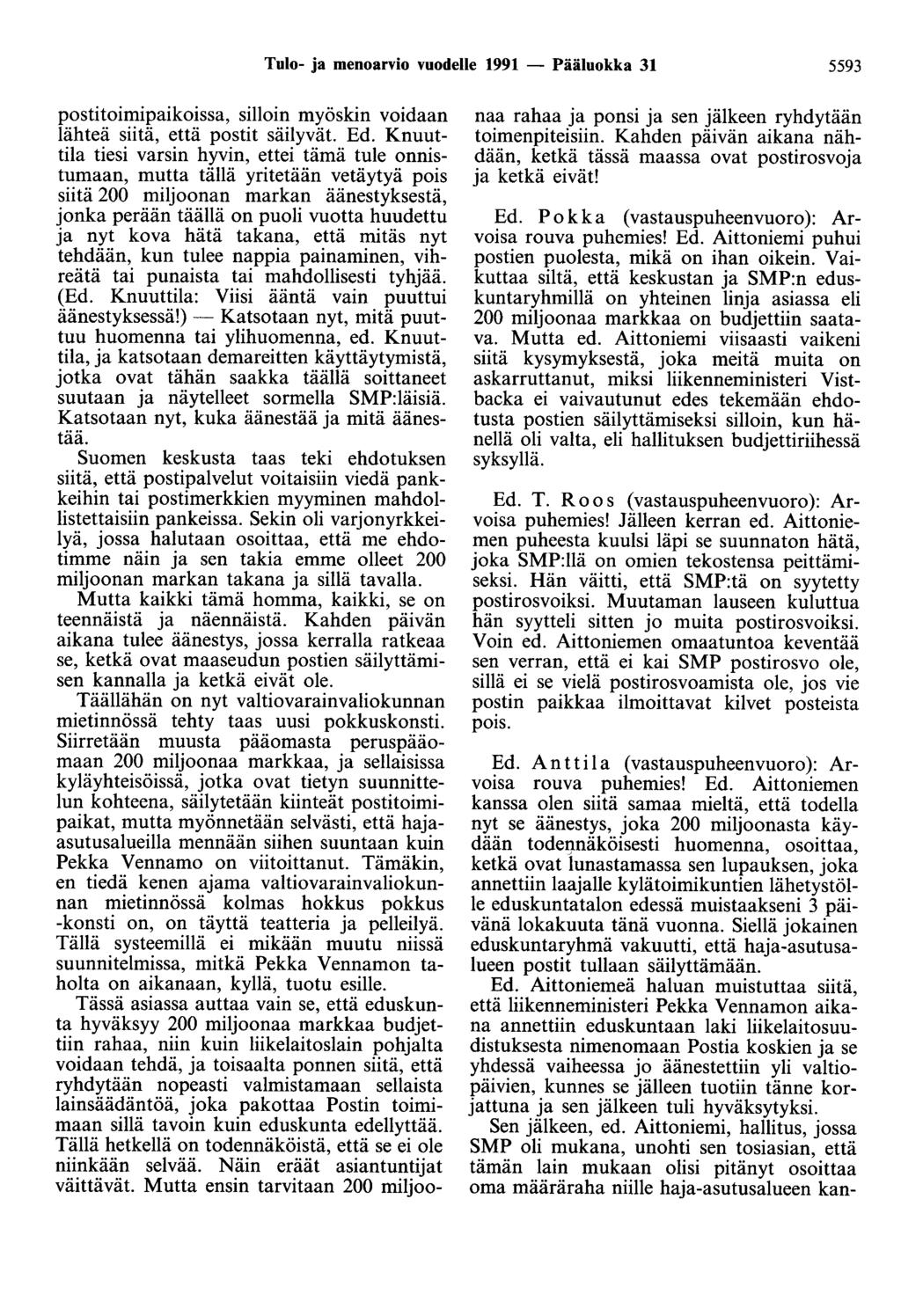 Tulo- ja menoarvio vuodelle 1991 - Pääluokka 31 5593 postitoimipaikoissa, silloin myöskin voidaan lähteä siitä, että postit säilyvät. Ed.