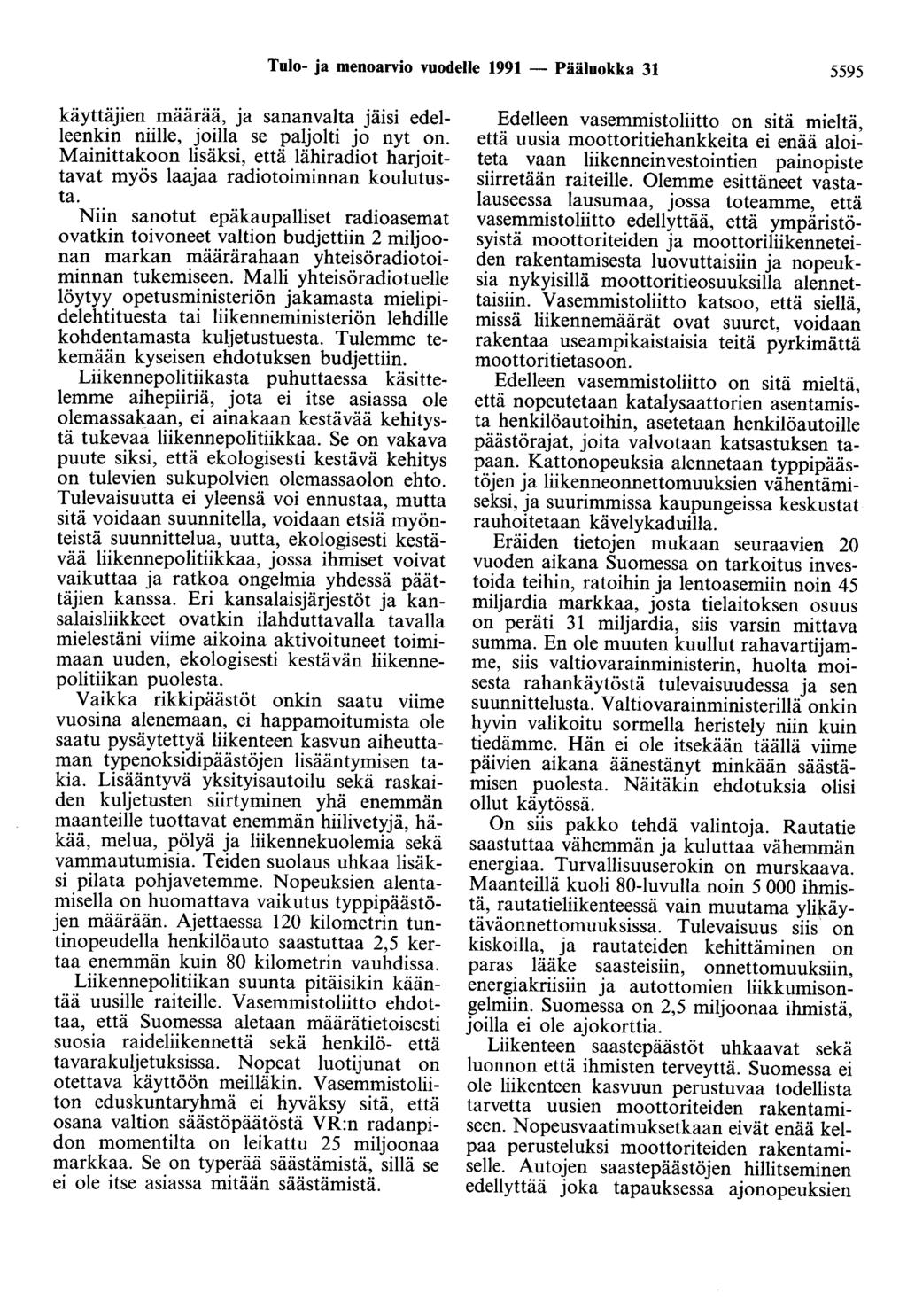 Tulo- ja menoarvio vuodelle 1991 - Pääluokka 31 5595 käyttäjien määrää, ja sananvalta jäisi edelleenkin niille, joilla se paljolti jo nyt on.