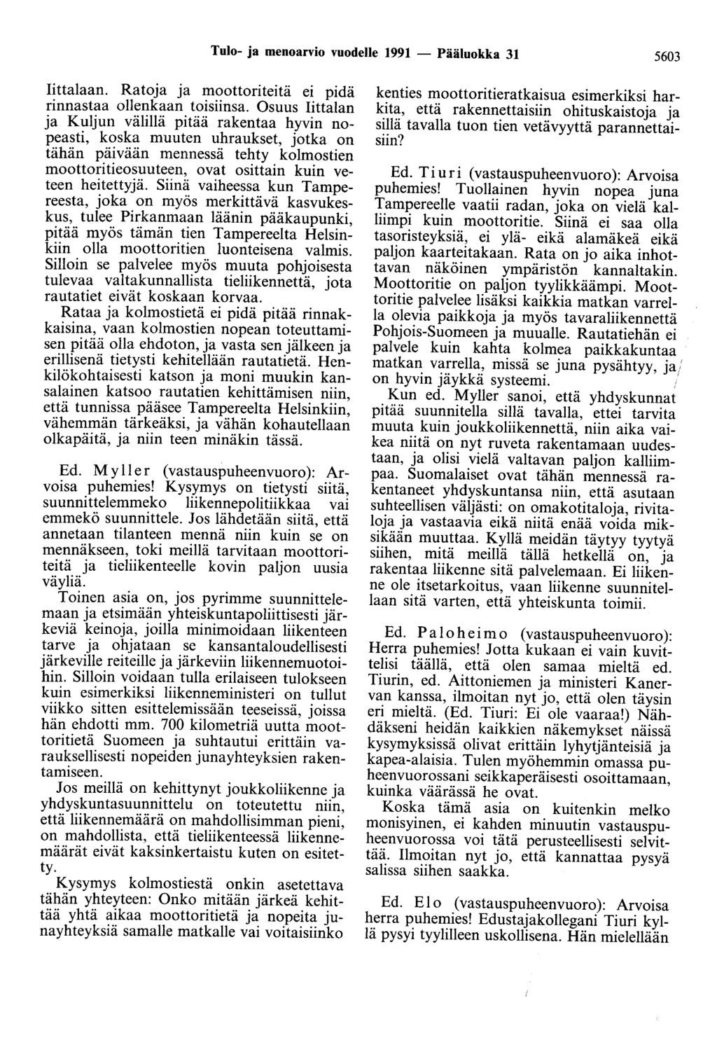 Tulo- ja menoarvio vuodelle 1991 - Pääluokka 31 5603 Iittalaan. Ratoja ja moottoriteitä ei pidä rinnastaa ollenkaan toisiinsa.