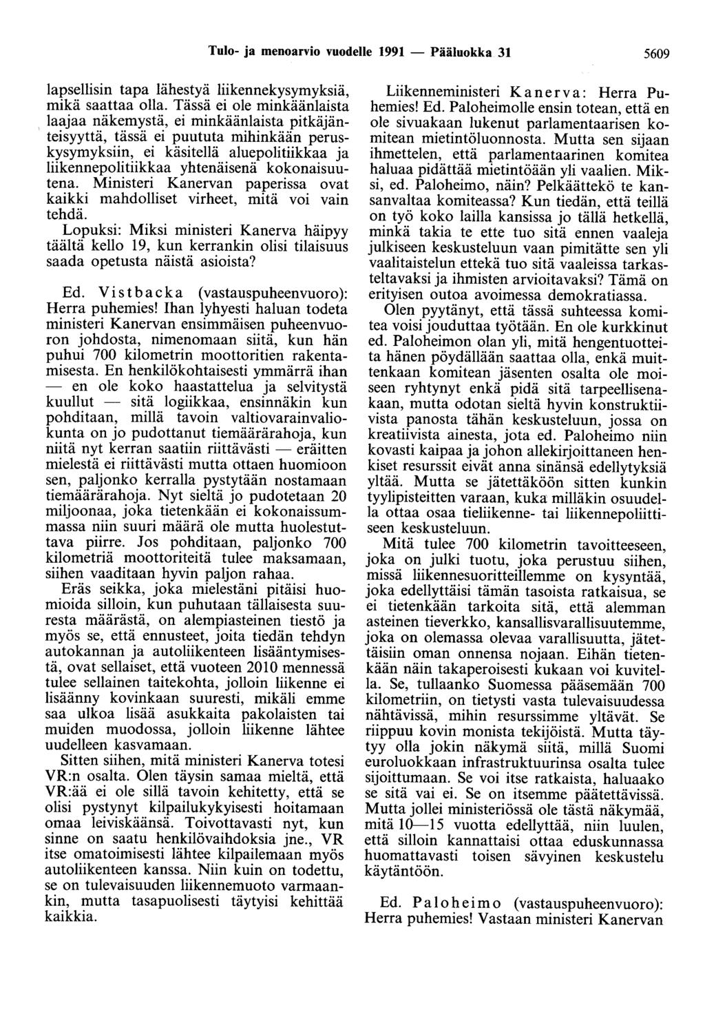 Tulo- ja menoarvio vuodelle 1991 - Pääluokka 31 5609 lapsellisin tapa lähestyä liikennekysymyksiä, mikä saattaa olla.