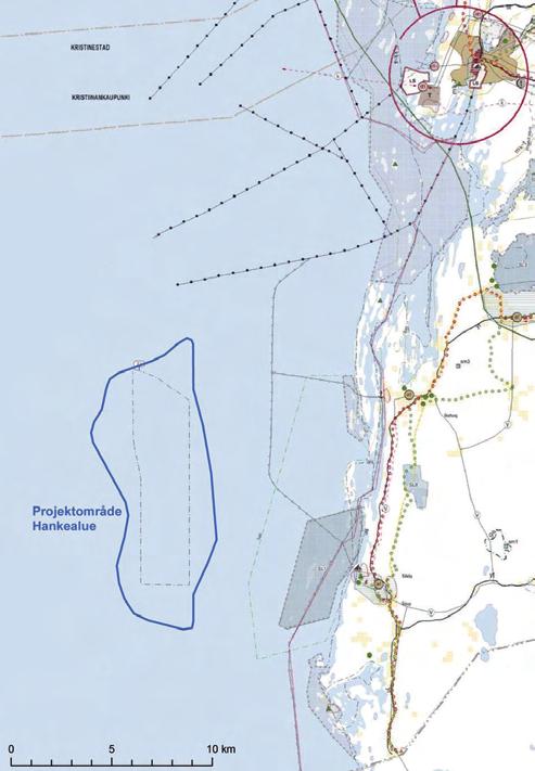 Ote Vaasan rannikkoseudun seutukaavasta (hankealueen sijainti rajattu sinisellä). Figur 9-3. Utdrag ur regionplanen för Vasa kustregion (projektområdets läge är avgränsat med blått). Kuva 9 4.
