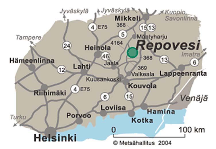 2 Kävijätutkimuksen toteutus 2.1 Alueen kuvaus Vuonna 2003 perustettu Repoveden kansallispuisto sijaitsee Kymenlaakson ja Etelä-Savon maakuntien rajamailla Kouvolan ja Mäntyharjun kunnissa (kuva 1).