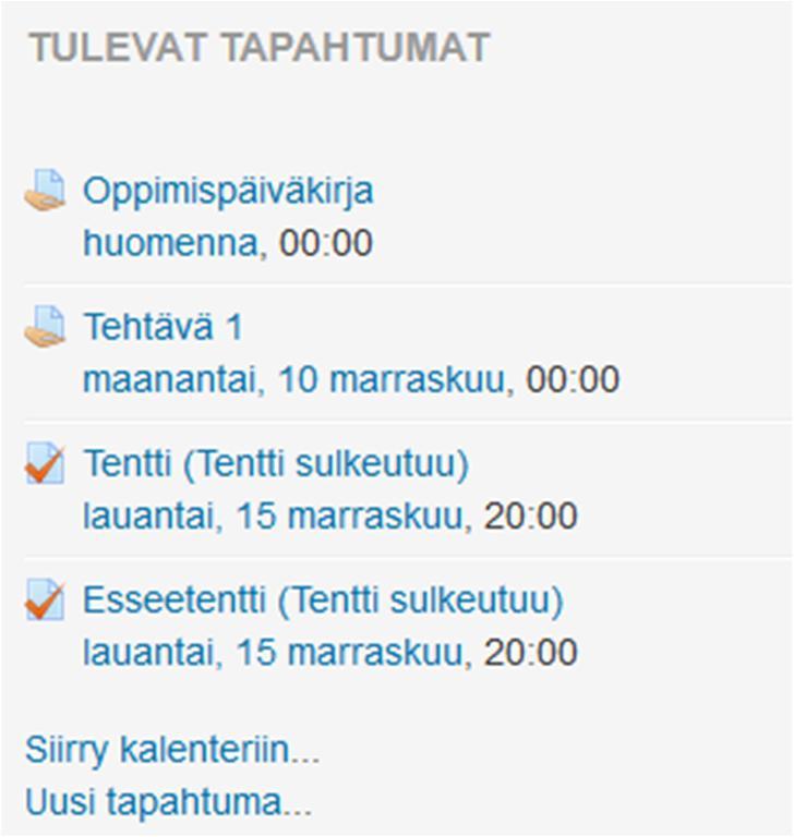 Tulevat tapahtumat: Tulevat tapahtumat -lohko on yhteydessä kurssin kalenteriin. Lohkossa näkyvät kalenteriin merkityt tapahtumat.