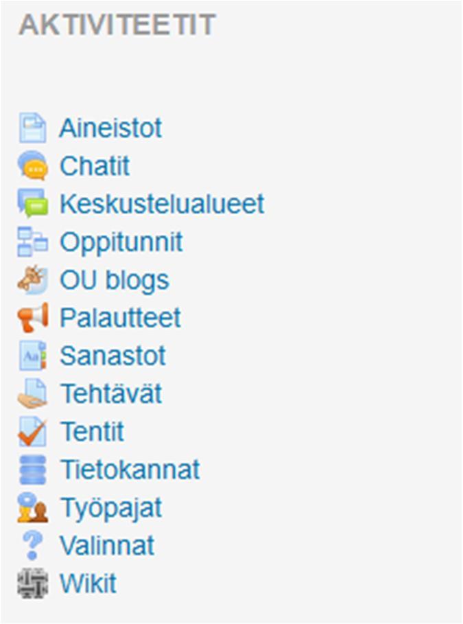 Aktiviteetit: Lohkossa näkyvät kootusti kurssilla käytössä olevat työkalut.