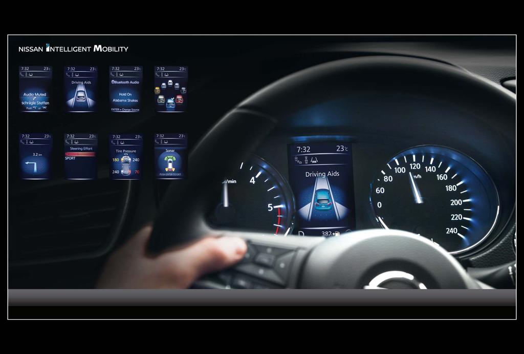 NISSAN ADVANCED DRIVE-ASSIST DISPLAY (ADAD) -NÄYTTÖ LISÄÄ TOIMINTAA, VÄHEMMÄN HÄIRIÖTEKIJÖITÄ Uuden QASHQAIn ADAD -näyttö tuo kaikki tarvitsemasi tiedot suoraan silmiesi eteen.