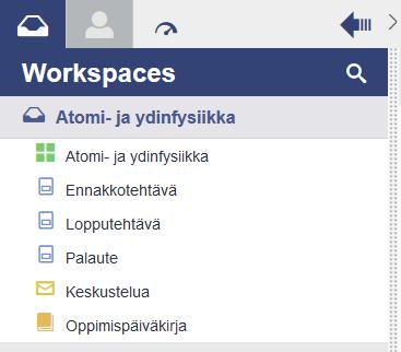 Kuva 3.2: Opiskelijalle avautuva vasen sivupalkki, kun opiskelija kirjautuu sisään verkko-oppimisympäristöön. Opiskelija voi avata objektin hiiren kursorilla.