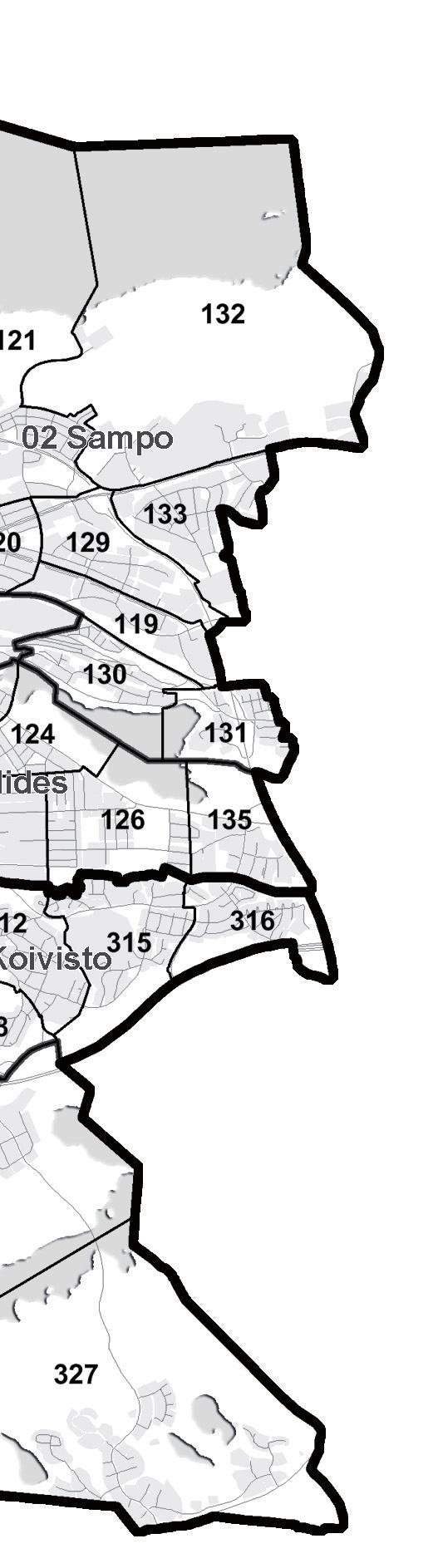 A (IV) 105 Amuri B (V) 106 Kaakinmaa (VI) 107 Pyynikinrinne (VII) 108 Särkänniemi (VIII) 109 Tampella (IX) 110 Jussinkylä (X) 111 KyttäläA (XI) 112 KyttäläB (XII) 113 Ratina