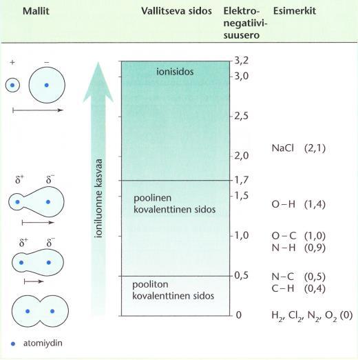 Kovalenttinen sidos. Atomeja liittää yhteen yhteinen sidoselektronipari. Kaksoissidoksessa on kaksi ja kolmoissidoksessa kolme yhteistä elektroniparia.