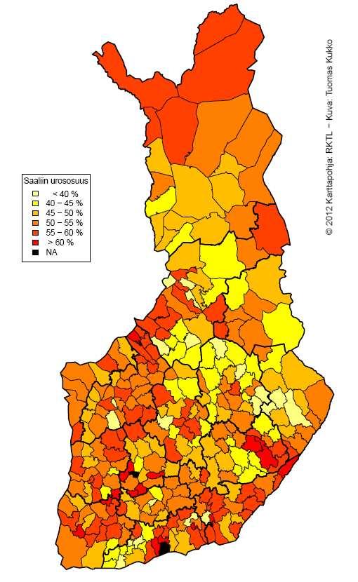 Koko maan hirvisaaliissa urosten keskimääräinen osuus aikuisista hirvistä on vaihdellut vuosina 1980-2011 47-63 prosentin välillä (kuva 46).