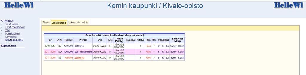 Valitse sähköisen päiväkirjan lukukausi: Valitse