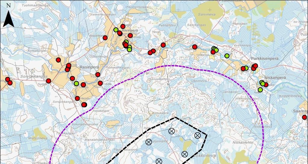 ASUKASKYSELY 4 / 2017 Kuva 2 Alustavat voimalapaikat, hankkeen lähellä sijaitsevat asuin- ja lomarakennukset sekä 2 km etäisyysvyöhyke tuulivoimaloista.