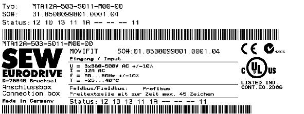 Laitteen rakenne MOVIFIT -MC:n tyyppimerkintä 3 ABOX-laitteen tyyppikilpi (esimerkki) 59192AXX MT A 12 A - 50 3 -S 01 1 - M 00-00 ABOX:in versio 00 = sarja kytkimen tyyppi 00 = ei kierrettävää nuppia