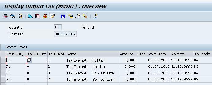 Tauluun on määritelty jokainen maa- asiakas-tuote- kombinaatio. Domestic taxes tasolla maa on aina Suomi. Export taxes tasolla määritellään lähtömaa sekä kohdemaa.