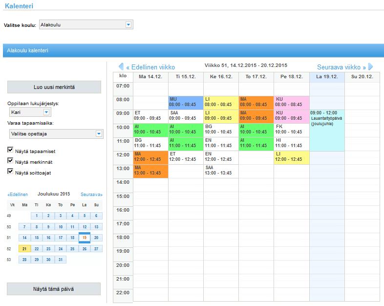 20 / 24 6 KALENTERI Kalenteri on oppilaitoskohtainen. Kalenterissa on mahdollista näyttää oppilaan lukujärjestys, sekä varata tapaamisaika, mikäli niitä on asetettu saataville.