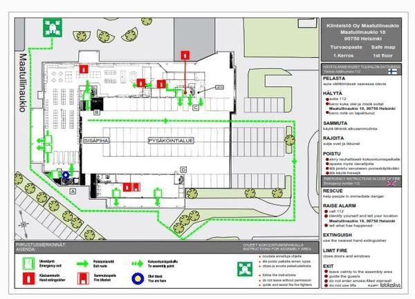 Sivu 13 / 33 3. Rakennuksen turvallisuusjärjestelyt 3.1. Turvallisuuskartat Turvallisuuskartat ovat opastepiirustuksia, joihin on merkitty hätätilanneohjeiden lisäksi turvallisuuteen liittyviä tietoja.