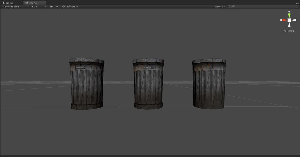 13 Kuva 11. Kolme tarkkuustasoa roskakorin 3D-mallista Unity-pelimoottorissa. Tätä tekniikkaa käytetäänkin säästämään tietokoneen laskentatehoa, kun 3D-mallit ovat kaukana.