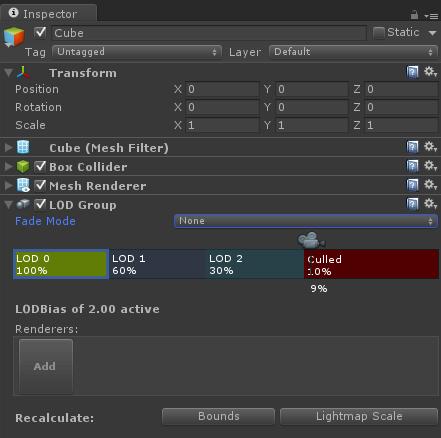 29 Kuva 25. Tarkkustasojen asetuset Unity-pelimoottorissa. LODGroup-komponentin tasoihin voidaan lisätä peliobjektit (jotka sisältävät 3D-mallit) klikkaamalla ensin haluttua tasoa (esim.