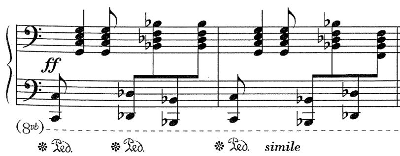 33 Teos on rakennettu hyvin pitkälti niin, että secondo, eli bassoaluetta soittava pianisti, hoitaa rytmisen puolen ja kompin sekä suurimman osan erityistekniikoista, kun taas primo, eli