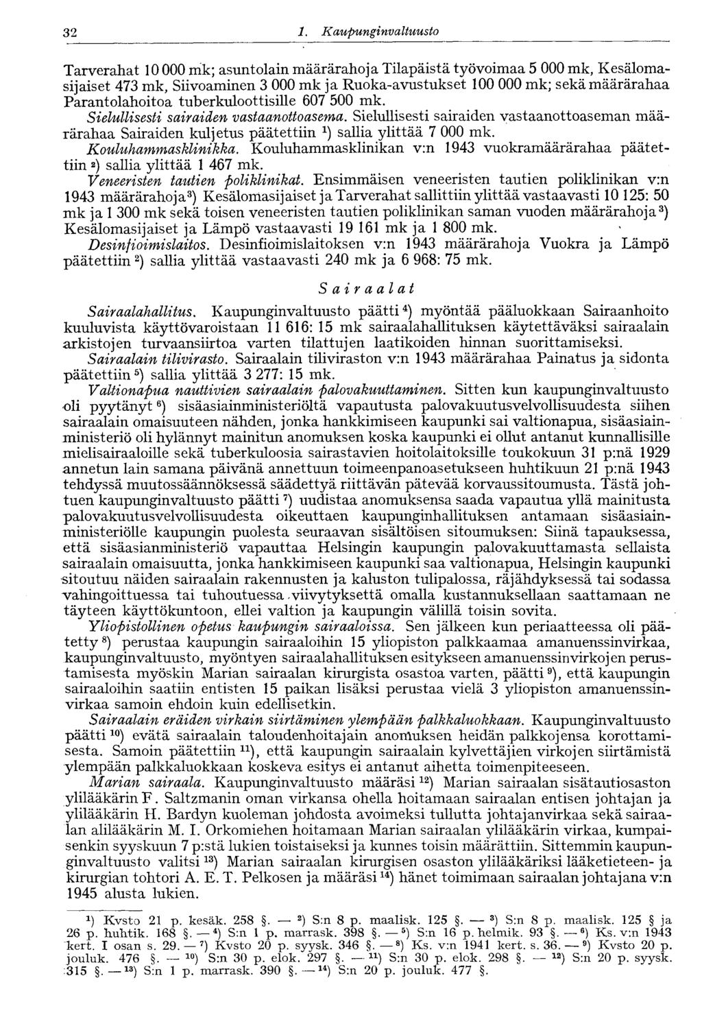 32 1. Kaupunginvaltuusto 32 Tarverahat 10 000 mk; asuntolain määrärahoja Tilapäistä työvoimaa 5 000 mk, Kesälomasijaiset 473 mk, Siivoaminen 3 000 mk ja Ruoka-avustukset 100 000 mk; sekä määrärahaa