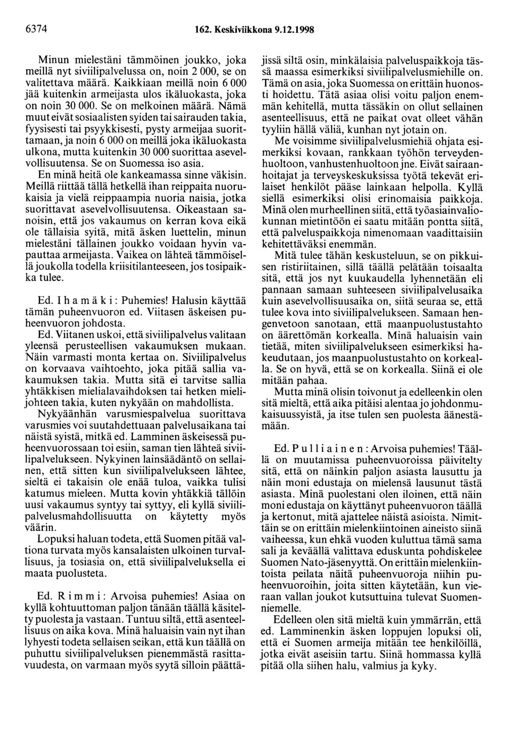 6374 162. Keskiviikkona 9.12.1998 Minun mielestäni tämmöinen joukko, joka meillä nyt siviilipalvelussa on, noin 2 000, se on valitettava määrä.