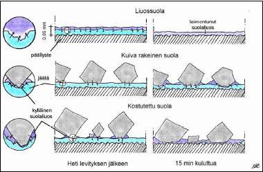 15 Kuvio 5. Liuossuolan ja rakeisen suolan vaikutus heti levityksen jälkeen ja 15 minuutin kuluttua. /1, 38/ Liuossuolan ja kostutetun rakeisen suolan levittäminen täydentävät toisiaan.